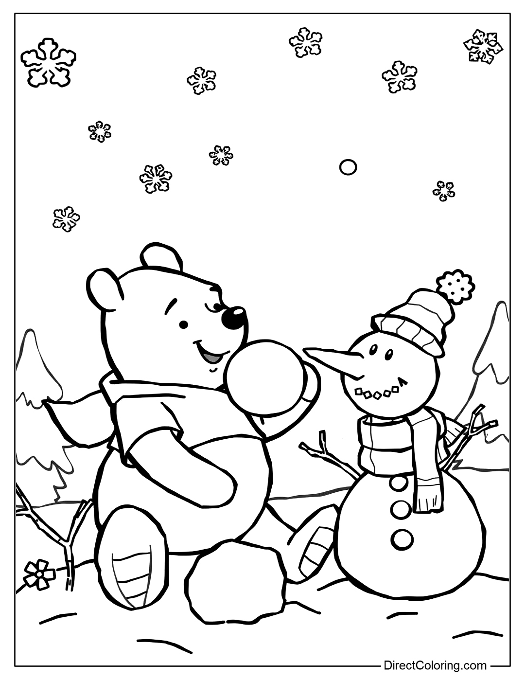 Winnie The Pooh and Snowman Color Page Printable